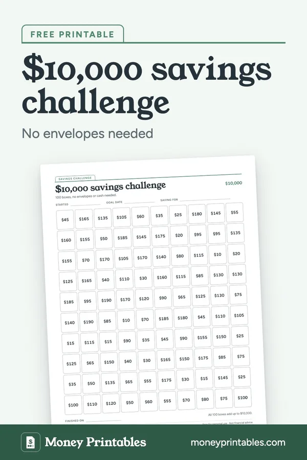 $10,000 savings challenge: free printable from Money Printables