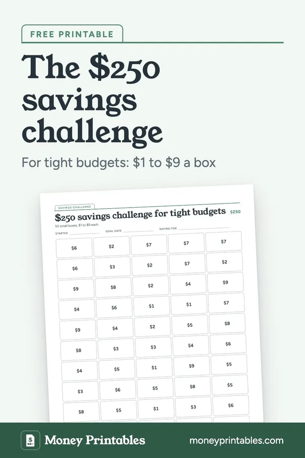 $250 savings challenge for tight budgets: free printable from Money Printables