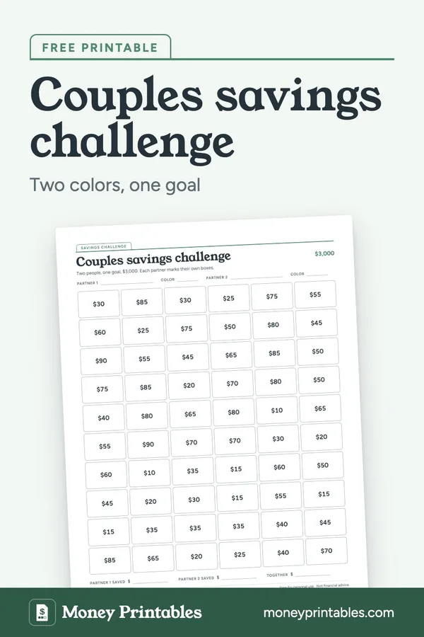 Couples savings challenge: free printable from Money Printables
