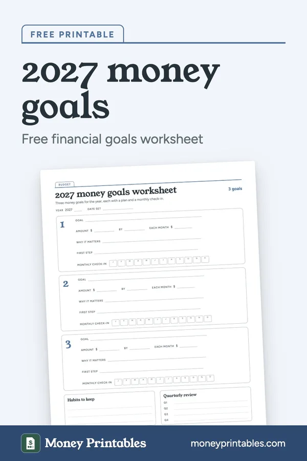 2027 money goals worksheet: free printable from Money Printables