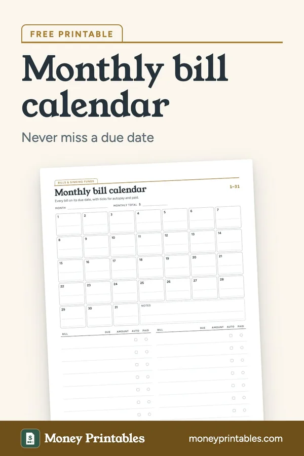 Monthly bill calendar: free printable from Money Printables