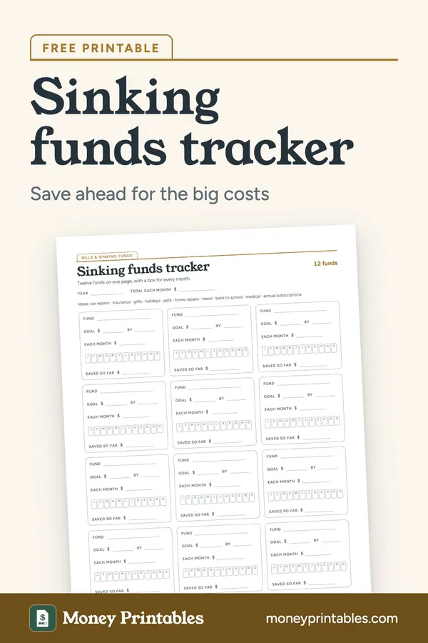 Sinking funds tracker: free printable from Money Printables