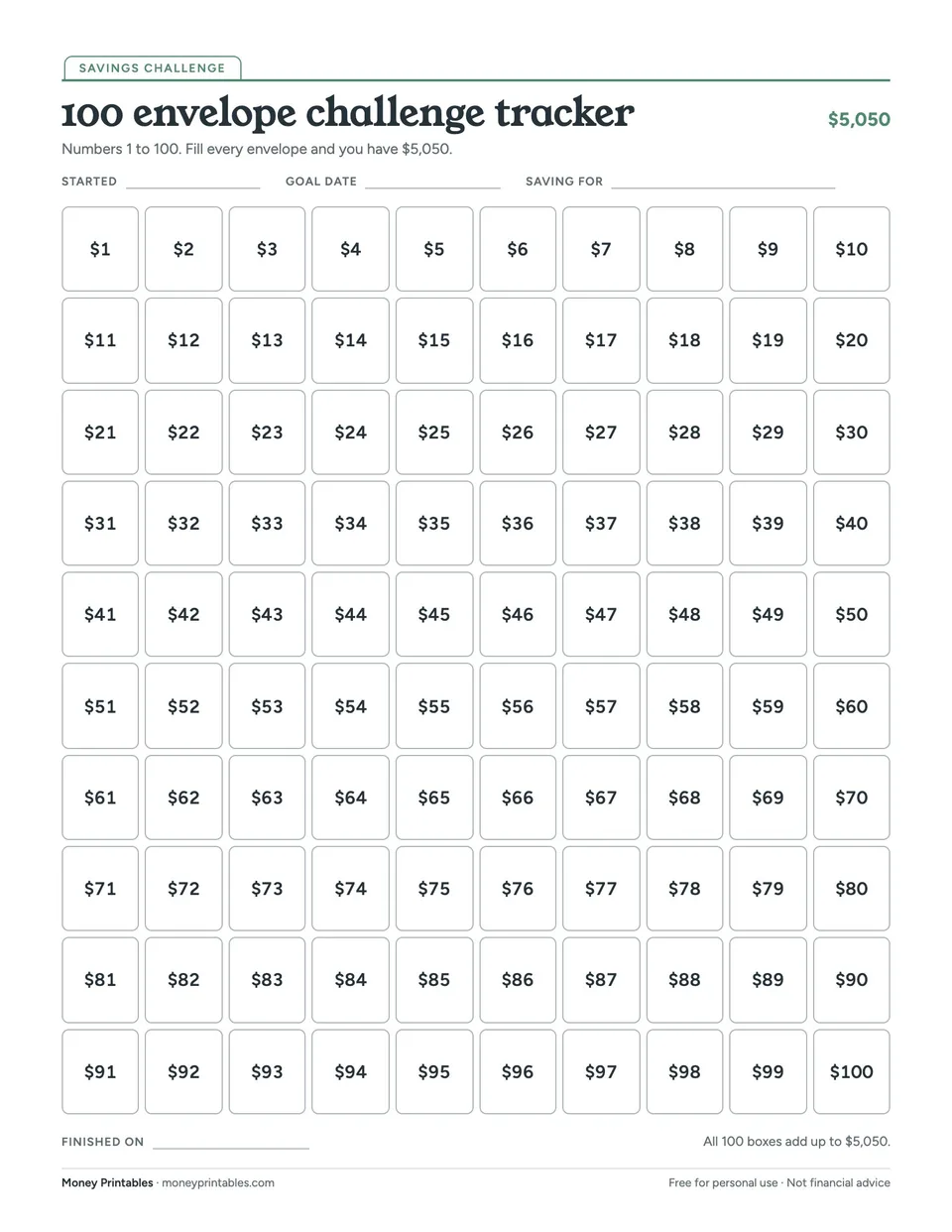 Preview of the 100 envelope challenge tracker printable
