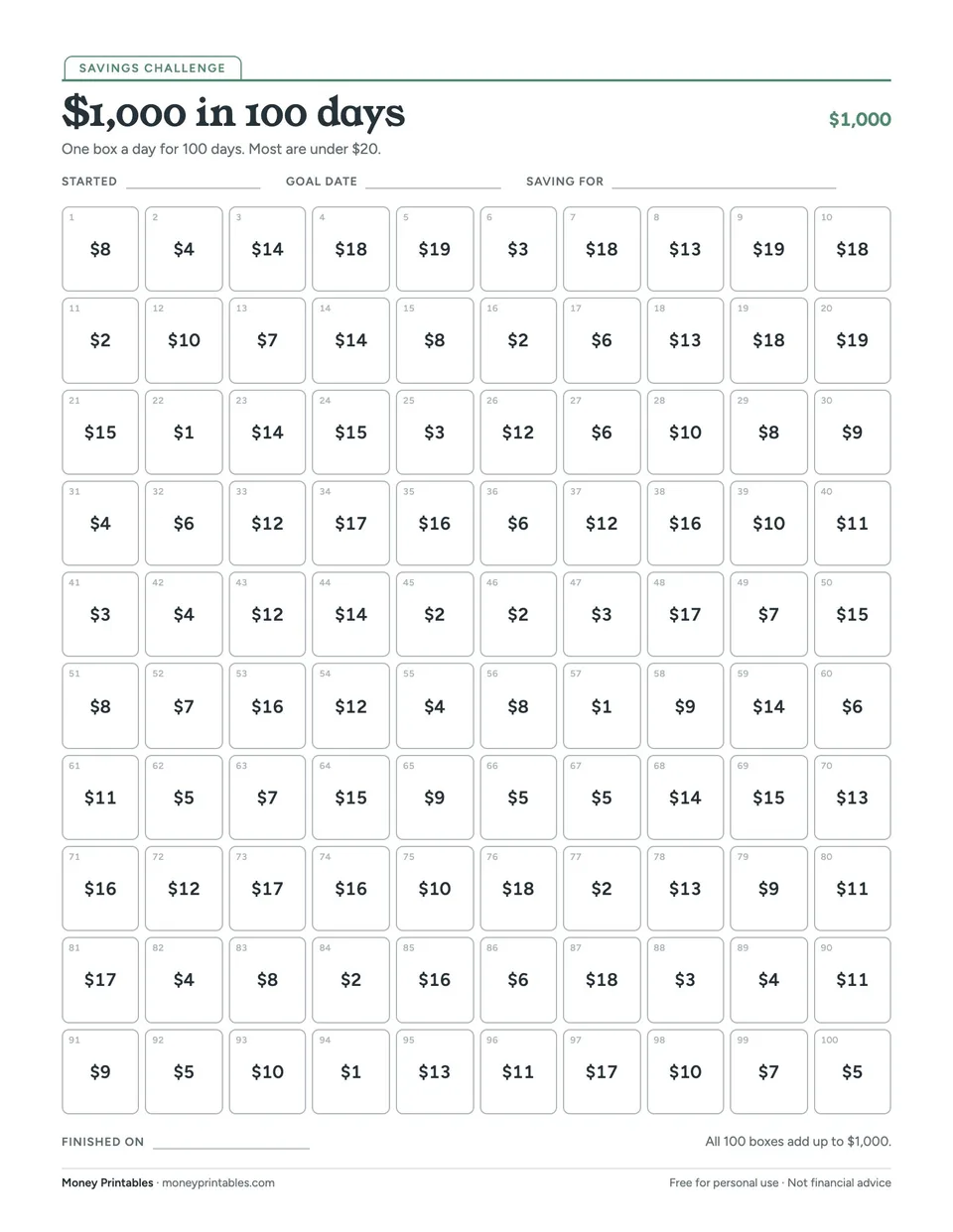 Preview of the $1,000 in 100 days printable