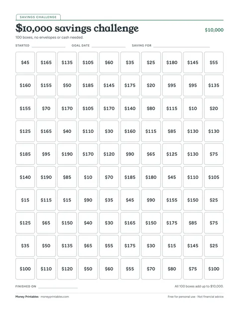 Preview of the $10,000 savings challenge printable