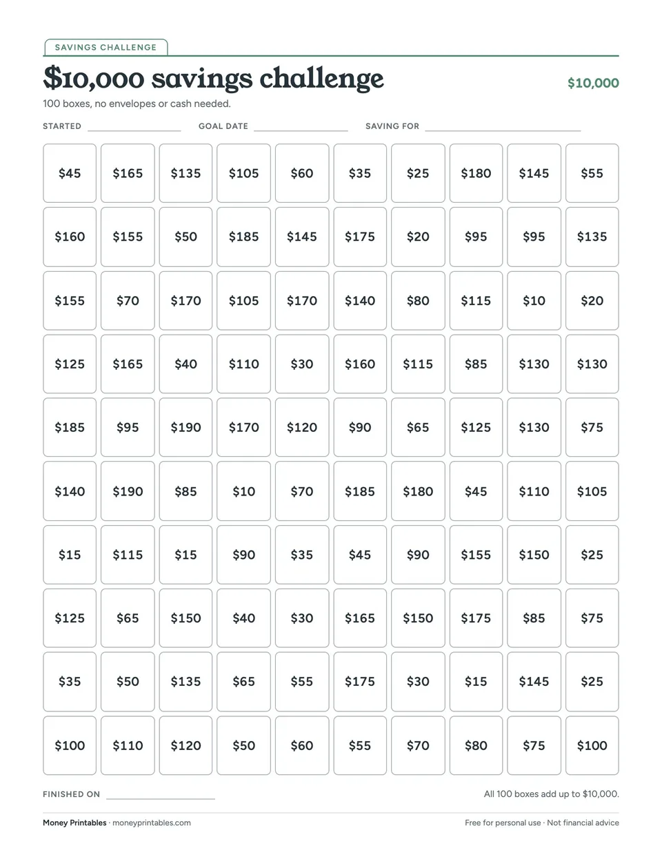 Preview of the $10,000 savings challenge printable