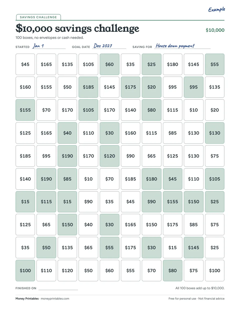 Example of the $10,000 savings challenge printable filled in