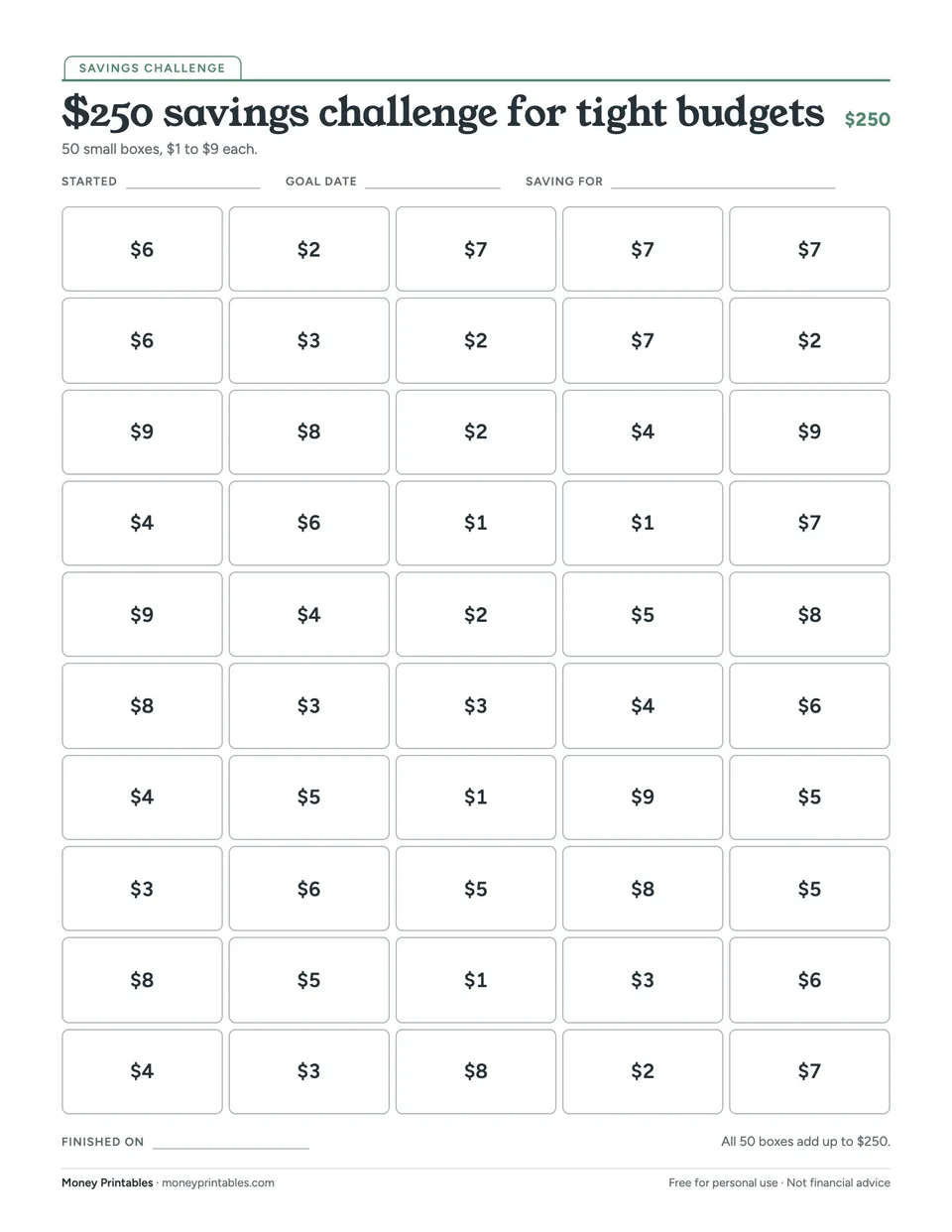 Preview of the $250 savings challenge for tight budgets printable