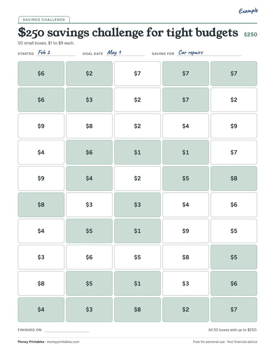 Example of the $250 savings challenge for tight budgets printable filled in