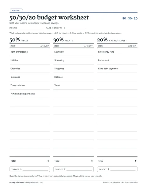 Preview of the 50/30/20 budget worksheet printable
