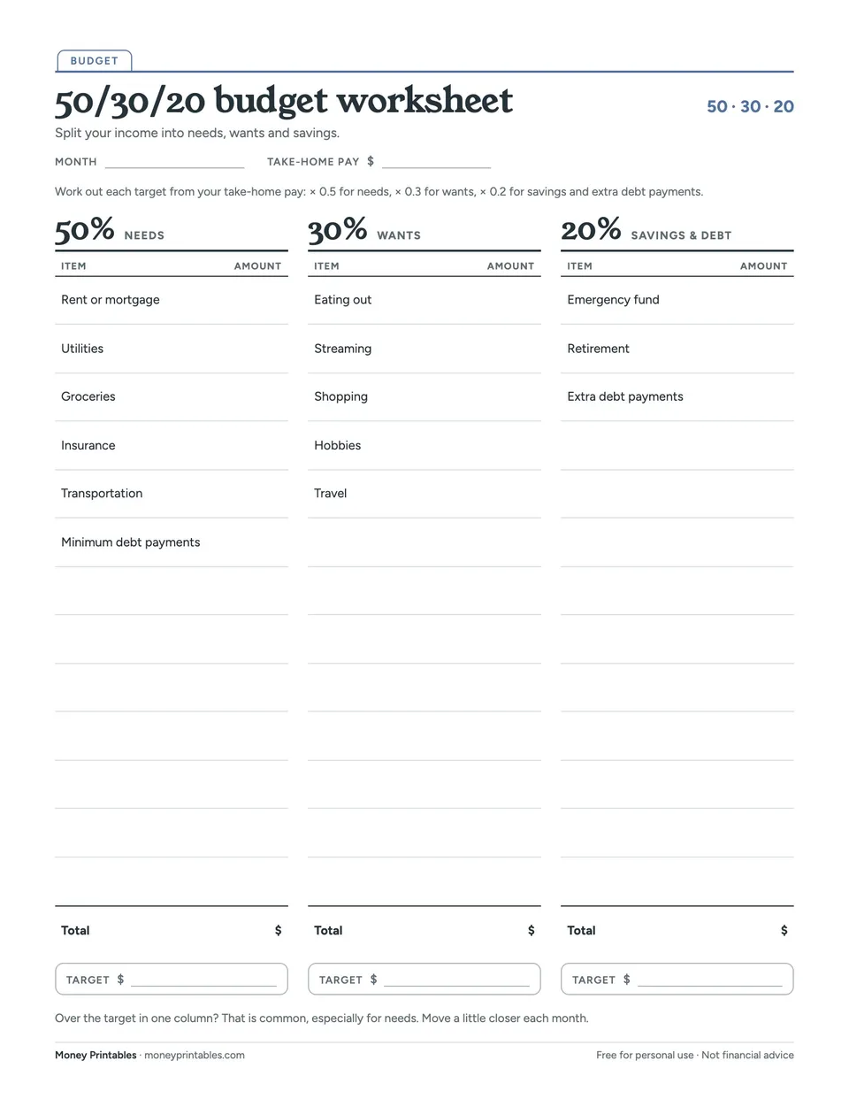 Preview of the 50/30/20 budget worksheet printable