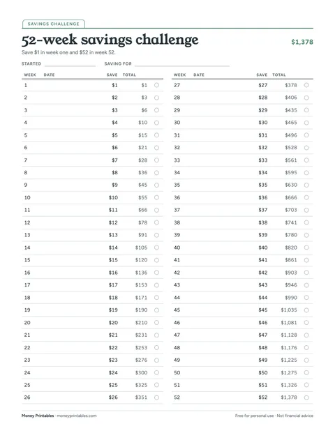 Preview of the 52-week savings challenge printable