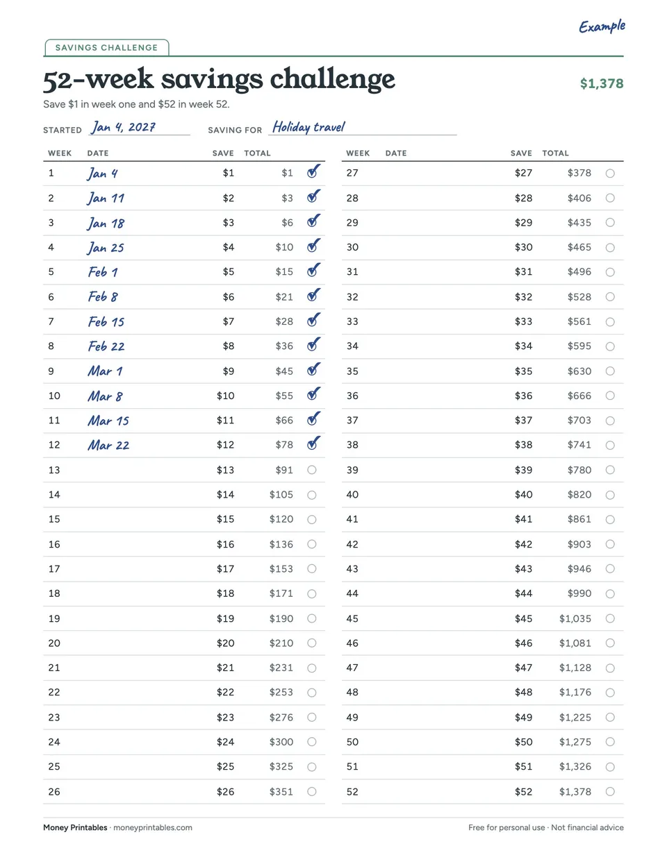 Example of the 52-week savings challenge printable filled in
