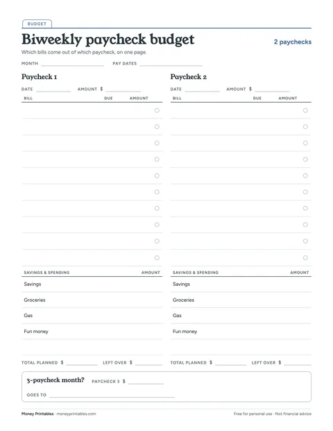 Preview of the Biweekly paycheck budget printable