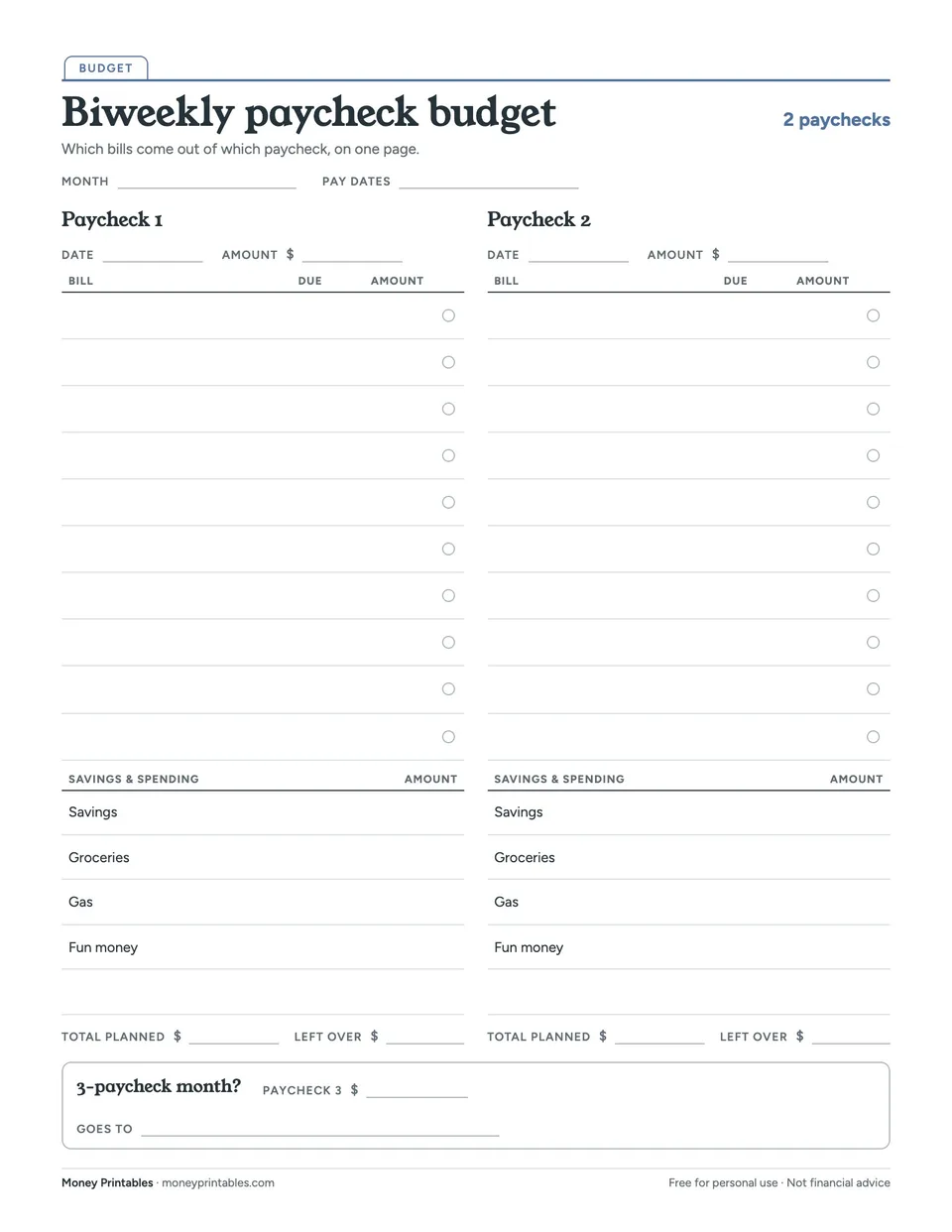Preview of the Biweekly paycheck budget printable