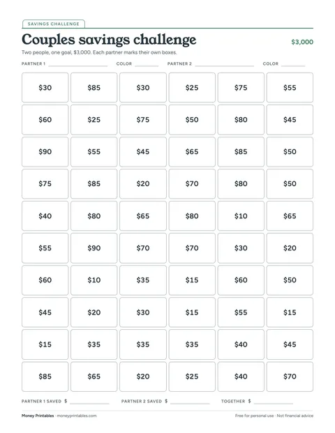 Preview of the Couples savings challenge printable