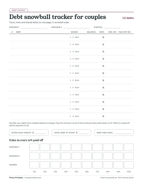 Preview of the Debt snowball tracker for couples printable