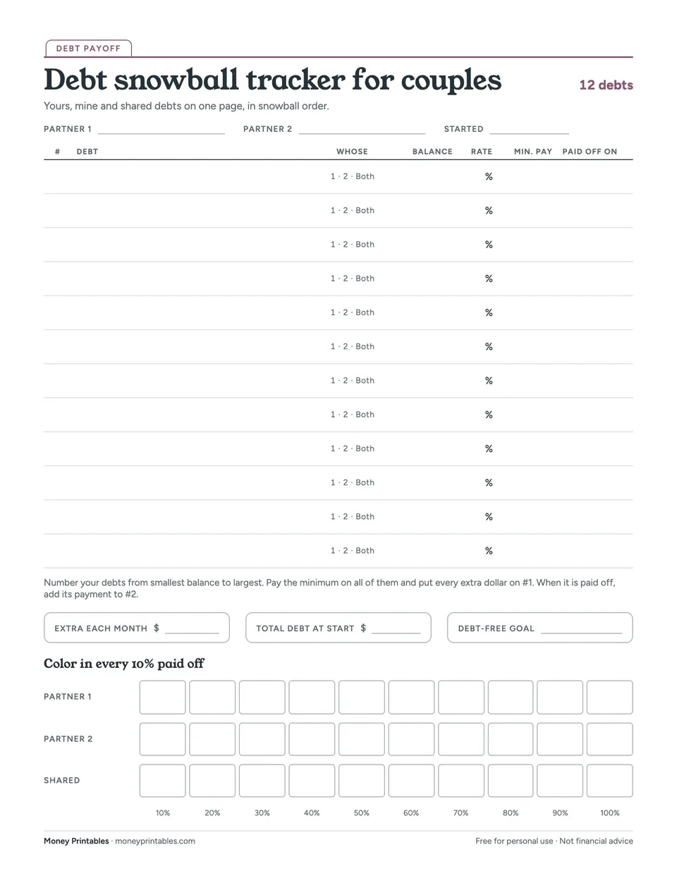Preview of the Debt snowball tracker for couples printable