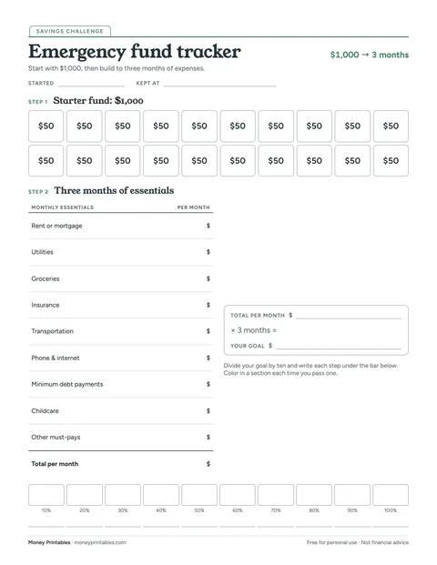 Preview of the Emergency fund tracker printable