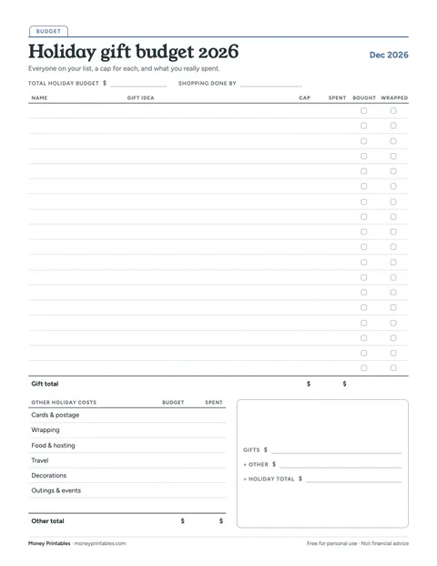 Preview of the Holiday gift budget 2026 printable
