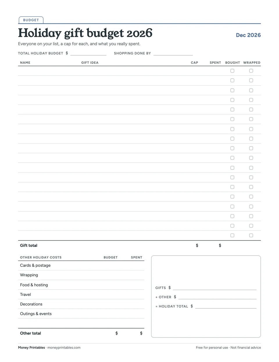 Preview of the Holiday gift budget 2026 printable
