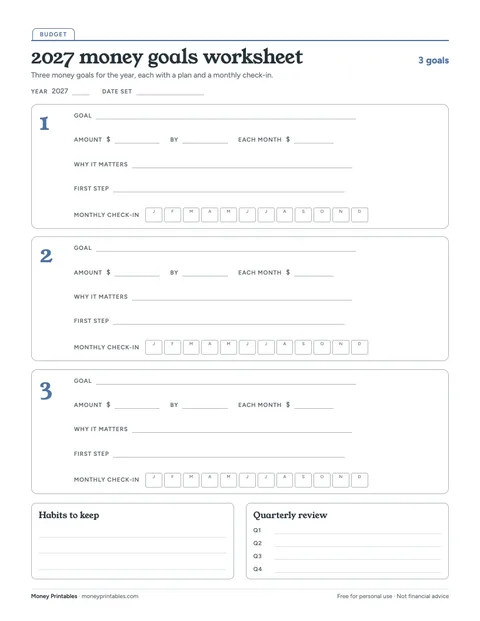 Preview of the 2027 money goals worksheet printable