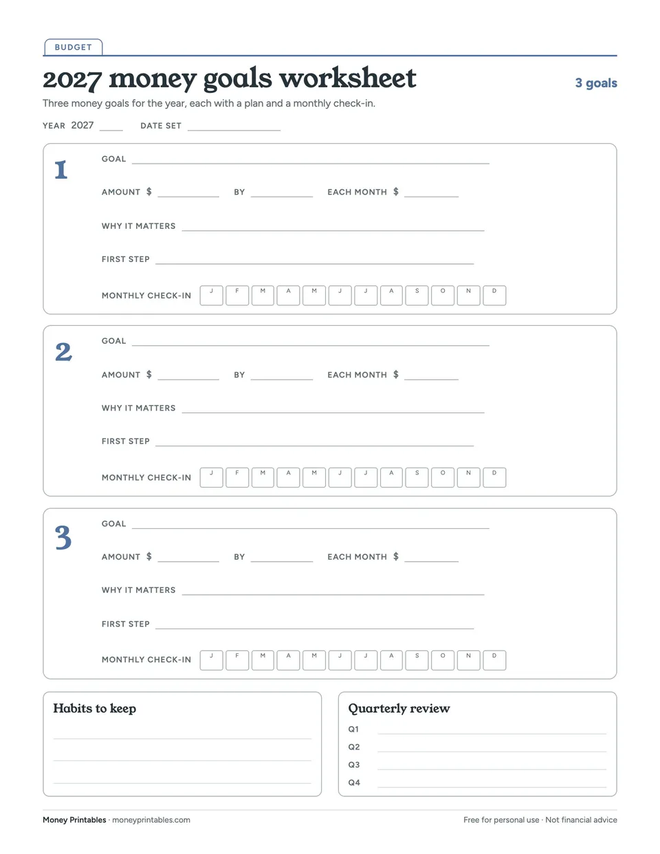 Preview of the 2027 money goals worksheet printable