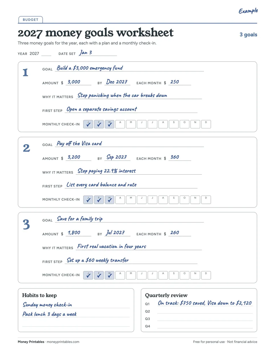 Example of the 2027 money goals worksheet printable filled in