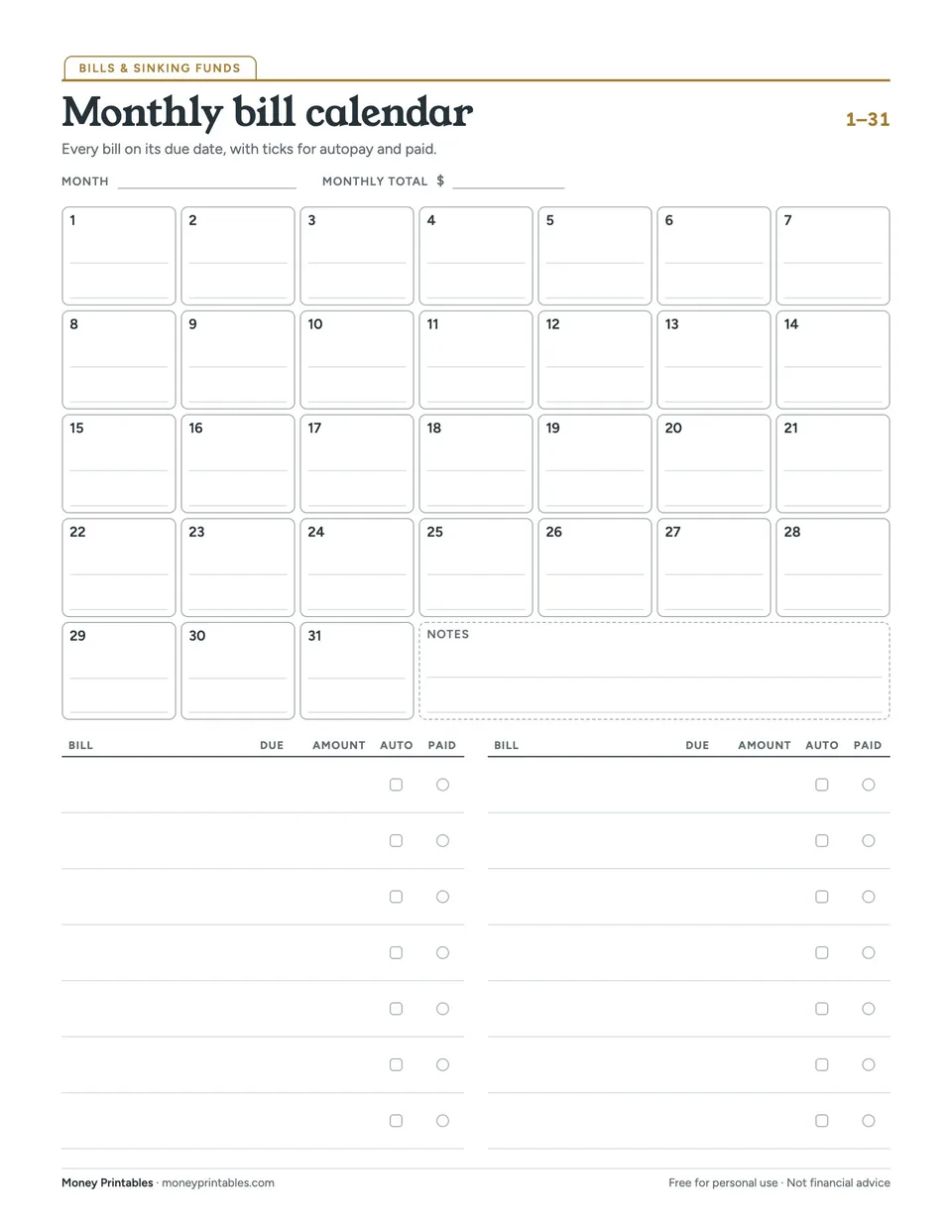 Preview of the Monthly bill calendar printable