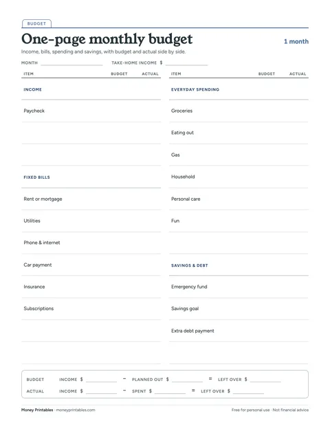 Preview of the One-page monthly budget printable