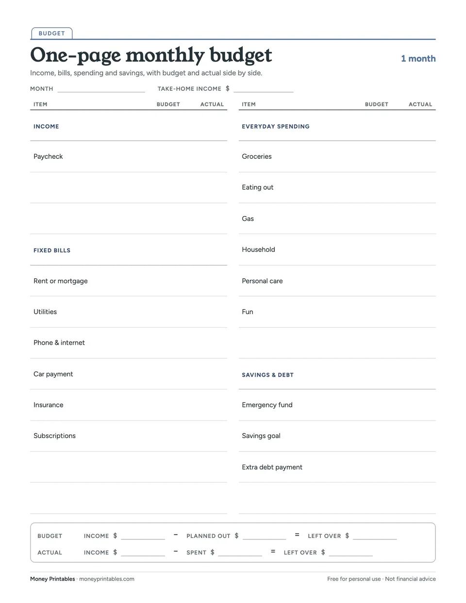 Preview of the One-page monthly budget printable