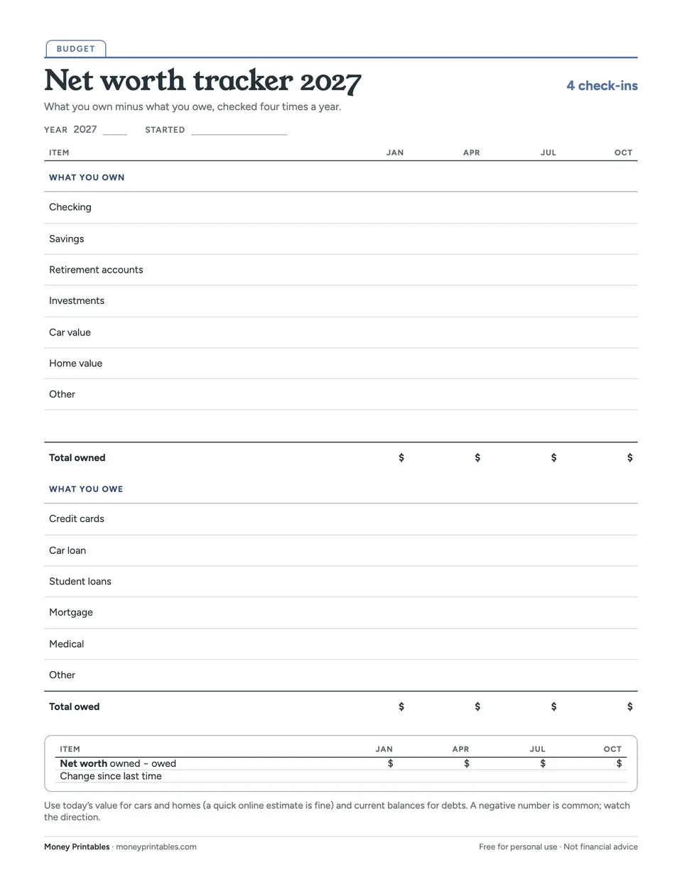 Preview of the Net worth tracker 2027 printable