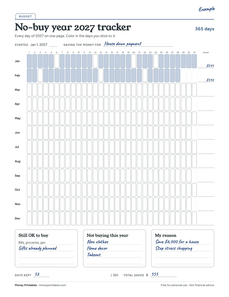 Example of the No-buy year 2027 tracker printable filled in
