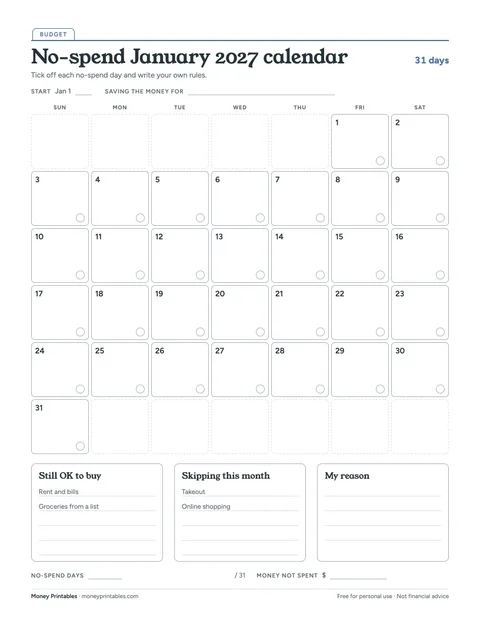 Preview of the No-spend January 2027 calendar printable