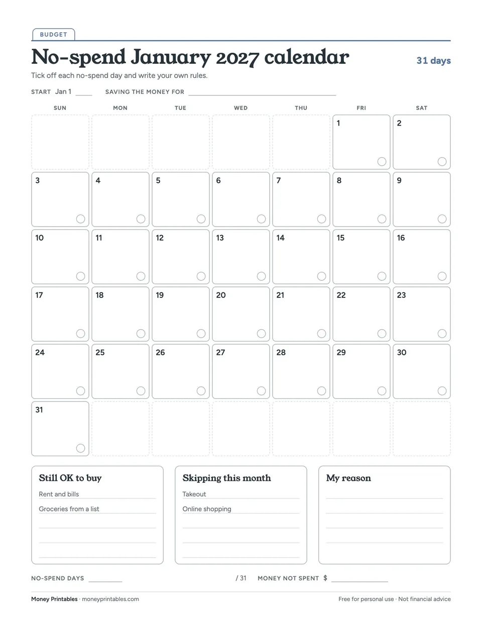 Preview of the No-spend January 2027 calendar printable