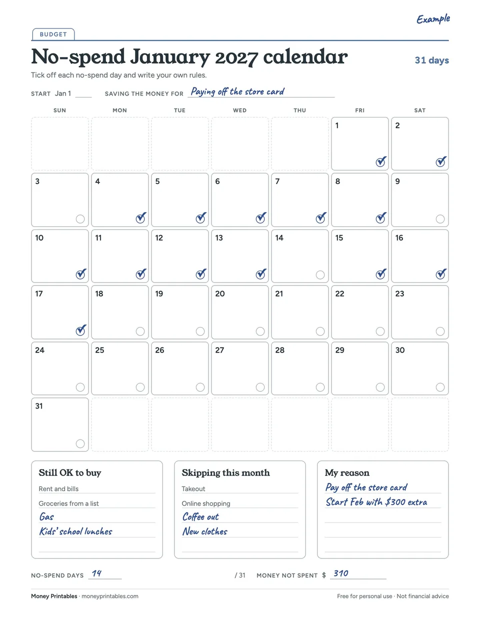 Example of the No-spend January 2027 calendar printable filled in
