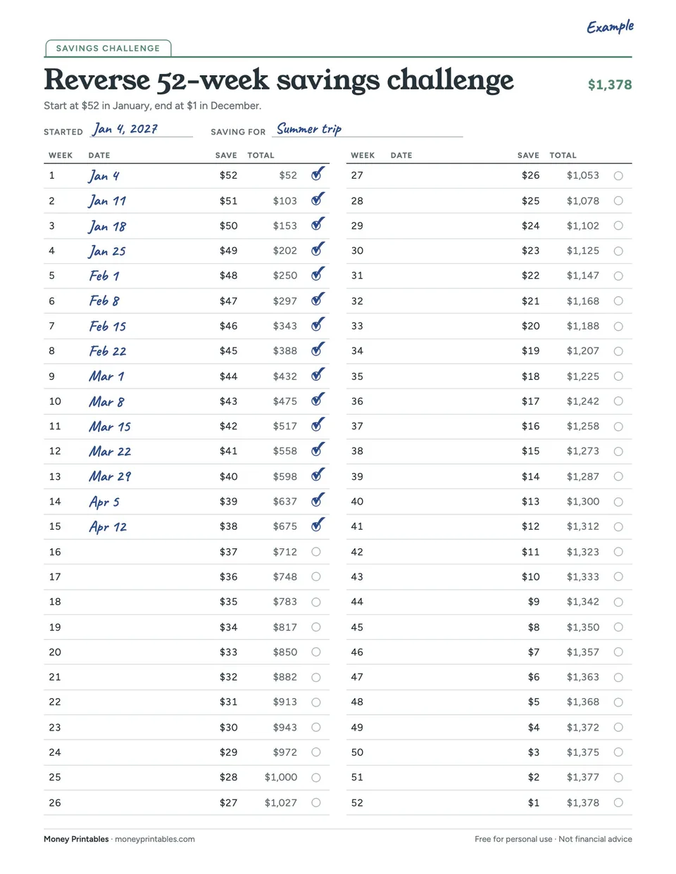 Example of the Reverse 52-week savings challenge printable filled in