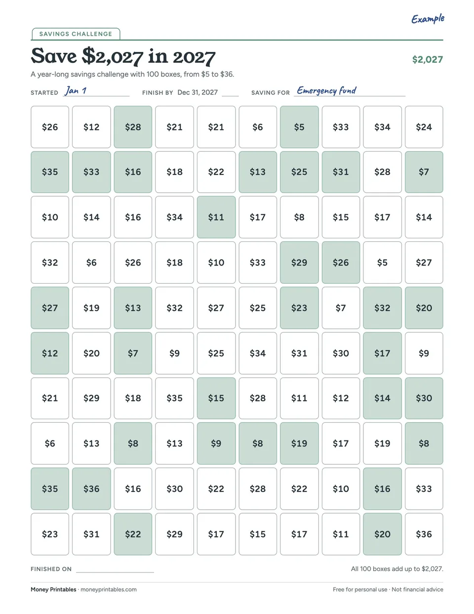 Example of the Save $2,027 in 2027 printable filled in