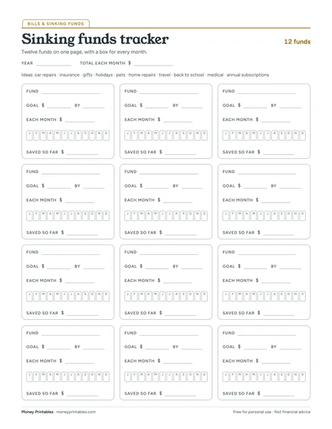 Preview of the Sinking funds tracker printable