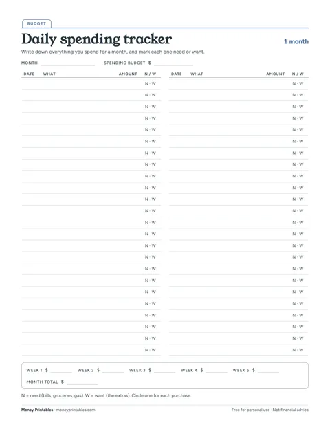 Preview of the Daily spending tracker printable