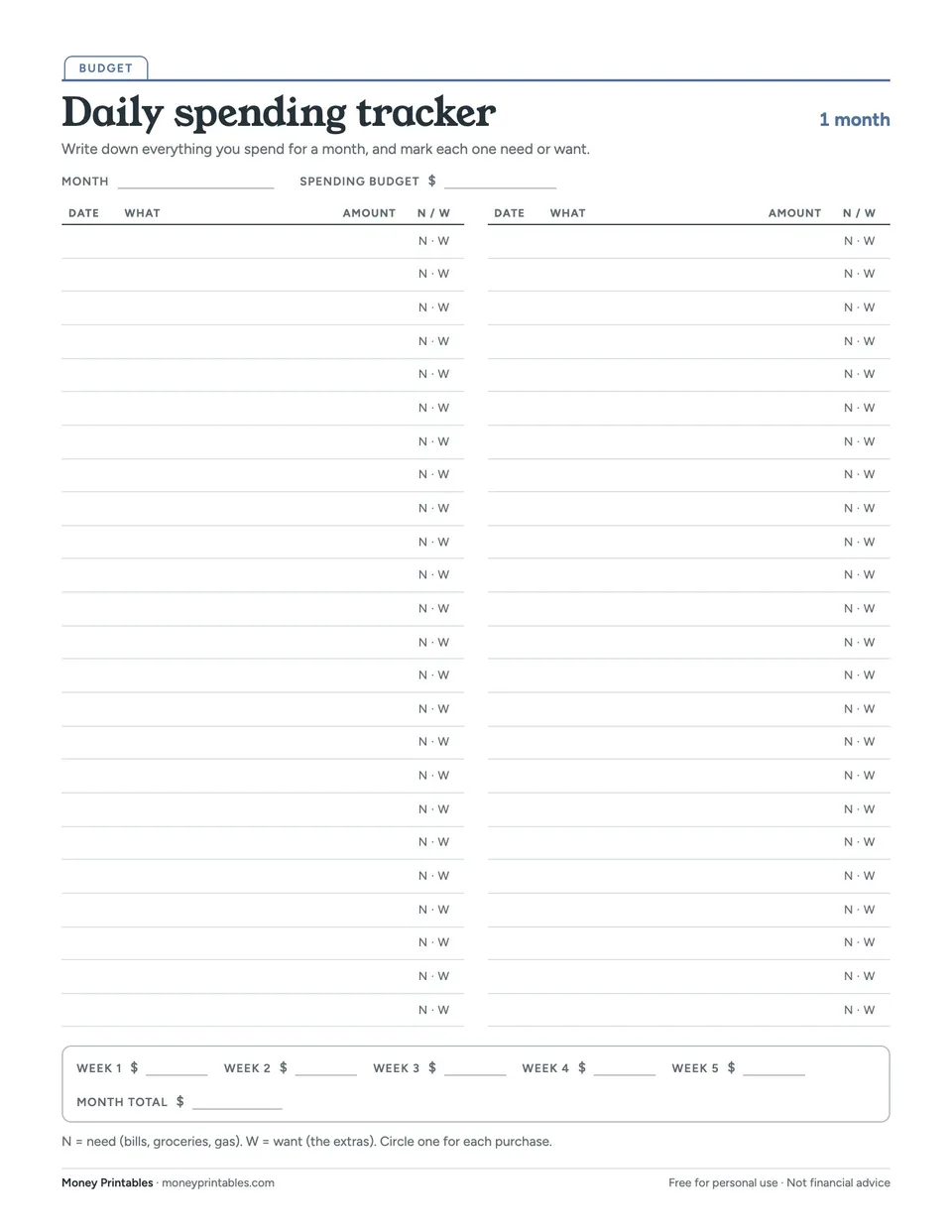 Preview of the Daily spending tracker printable