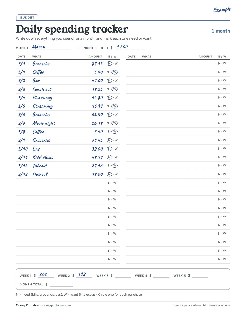 Example of the Daily spending tracker printable filled in