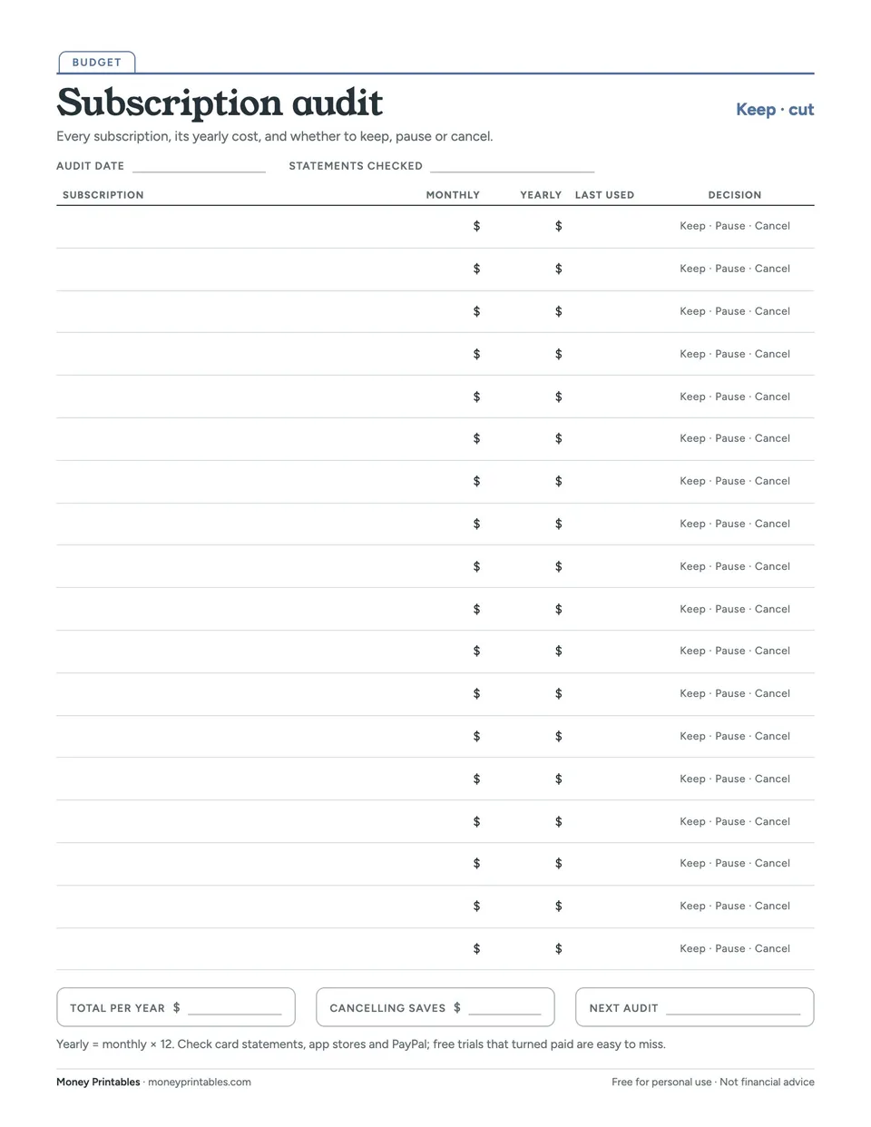 Preview of the Subscription audit printable